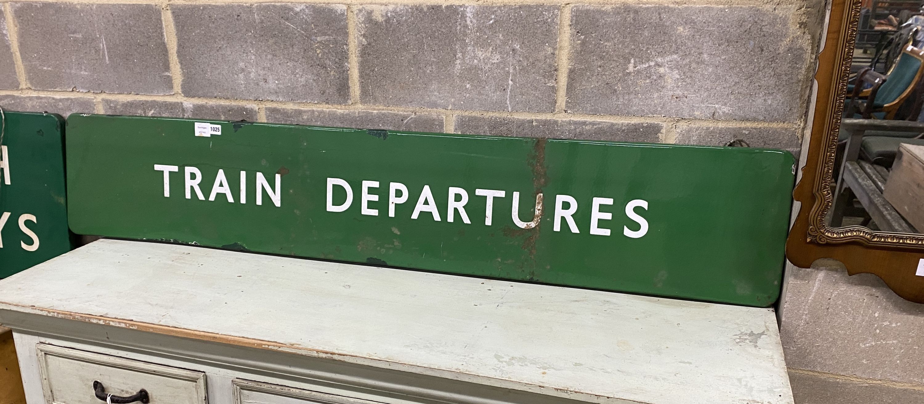 A vintage British Rail rectangular train departures green and white enamel sign, width 170cm, height 31cm